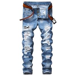 Casual Men Jeans Solid Slim Fit Full Lenght Pencil Pants Plus Size Light Blue Fashion Denim for Ripped Male Trousers 211108