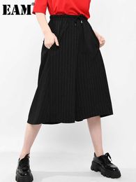 [EAM] High Elastic Waist Black Striped Casual Wide Leg Trousers New Loose Fit Pants Women Fashion Tide Spring Summer 2021 JE656 Q0801