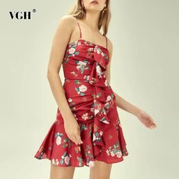 VGH Elegant Floral Print Dress For Women Square Collar Sleeveless High Waist Ruffles Sling Mini Dresses Female Summer Style 210421