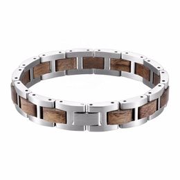 SellingProducts Custom Stainless Steel Bracelet Walnut Wood Bracelet Men Silver Wristband