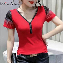 Summer European Style T-Shirt Sexy V-Neck Zipper Shiny Diamonds Women Tops Short Sleeve Bottoming Shirt All Match Tees T14310A 210421