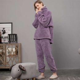 ATUENDO Winter Warm Velvet Purple Pyjama Set for Women 100% Flannel Atoff Home Satin Sleepwear Fashion Plush Silk Soft Nightwear 210928