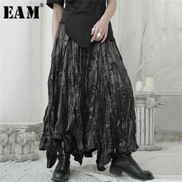 [EAM] High Elastic Waist Black Pleated Irregular Long Temperament Half-body Skirt Women Fashion Spring Autumn 1U965 210621
