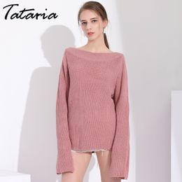 1Long Sweater Women Jumpers Pullovers Sexy Slash Neck Loose Flare Sleeve s Backless Hollow Out Knitted Pullover 210514