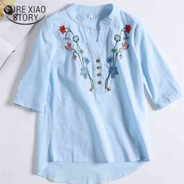 short sleeve blouses summer embroidered shirts women clothing v-neck fashion floral tops slim 0537 40 210506