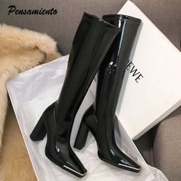 Kendall style Women motorcyle boots Fashion Square toe Knee high boots Autumn Winter Warm patent leather High heels boots shoes Y0905