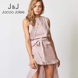 Jocoo Jolee Vintage Cotton Linen Dress Women Summer Sleeveless O-Neck Ruffle Irregular Mini Dress Casual Sashes A-Line Dress 210518