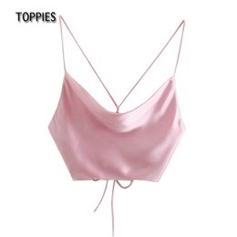 Summer Pink Silk Camisole Tops Woman Sexy Bandage Backless Crop 210421