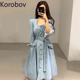 Korobov Korean Elegant Chic Square Collar Women Dress Vintage Streetwear Button Slim Bow Female Dresses Denim Vestidos 210430