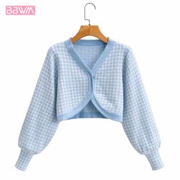 French Plaid Loose All-match Dark Button Long Sleeve V-neck Women's Sweater Harajuku Sweet Chic Female Sweater 210507