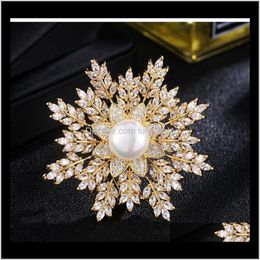 Pins, Fashion Women Big Pearl Brooches Flower Crystal Rhinestone Snowflake Brooch Pins Gold Sier Cor For Lady Gift Designer Jewellery Drop Del