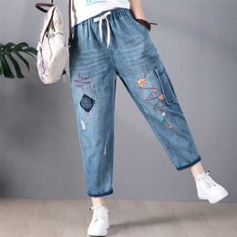 9265 Spring Summer Fashion Women Embroidery Scratches Ankle Length Jeans Office Lady Elastic Waist Blue Casual Harem Denim Pants 211104