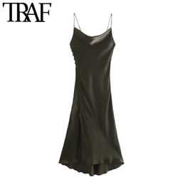TRAF Women Chic Fashion Side Covered Buttons Slit Hem Midi Dress Vintage Backless Thin Straps Female Dresses Vestidos 210415