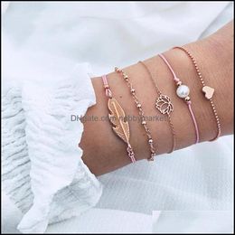 Charm Bracelets Jewellery Bohemia Lotus Heart Feather Bracelet For Women Weave Rope Chain Pseras Mujer Tassel Gifts Drop Delivery 2021 Hml7P