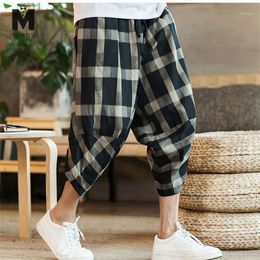 Mens Cotton Linen Beach Pants Male Summer Casual Ankle-Length Pants Man Ethnic Style Plaid Loose Trousers