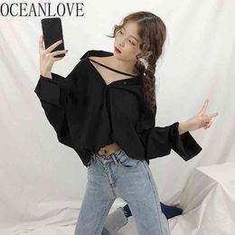 Solid Ins Sexy Women Tops and Blouse Spring Loose V Neck Blusa Irregular Long Sleeve Fashion Ropa Mujer 14872 210415