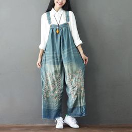 2021 Spring Autumn Denim Casual Jumpsuits Women Embroidered Wide Leg Pants Female Loose Overalls Jeans Big Size Womens