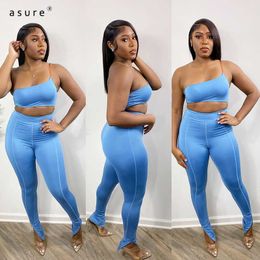 Women's Tracksuit Two Piece Set Female Clothing Sexy Club Outfit Tube Top Stacked Pants Suit Fashion 21406P 210712