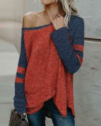 Pullover Color Block Striped One Shoulder Sweater Patchwork Elastic Contrast Color Sweater Loose Drop Shoulder Pullover 210415