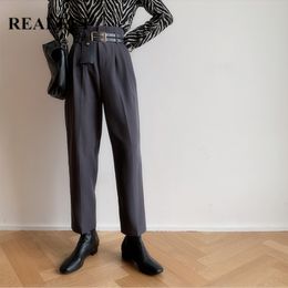 Double Belt Women's Pants Korean Style High Waist Solid Color Elegant OL Pockets Women Trousers Female 210428