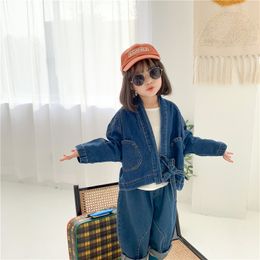 Spring Autumn Children's Denim Suit Fashion Solid Color Long-sleeve Loose Jacket With Jeans Casual Set For Boys and Girls 210515