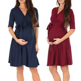 Maternity Clothes Pregnant Dresses Maternity Dresses Pregnancy Clothes Women Solid Colour Formal Dress 2019 Casual V-Neck Dresses Q0713