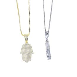 Boy Men Fatima Hamsa Hand Pendant Necklace Iced Out 5A Bling Cubic Zircon Thin Chain Hip Hop Gift Turkish Luck Jewelry