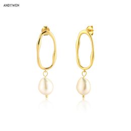 ANDYWEN 925 Sterling Silver Gold Irregular Pearl Drop Earring Women Fashion Clips Luxury Fine Jewellery Rock Punk 210608