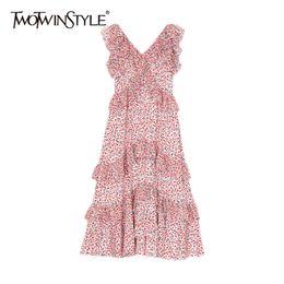 Elegant Print Sling Dress For Women V Neck Sleeveless Patchwork Ruffle Maxi Dresses Females Summer Fashion 210520