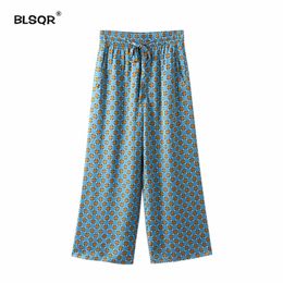Women Vintage Dot Print Wide Leg Pants Pockets Drawstring Elastic Waist Ladies Streetwear Casual Trousers 210430