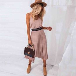 Sexy Spaghetti Strap Summer Dress Women Pink Female Pleated Midi Elegant Casual Office Ladies Party es Black 210427