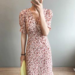 Summer French Chiffon Floral Dress Women's Short-Sleeved V-Neck Midi Bottoming Print 210607