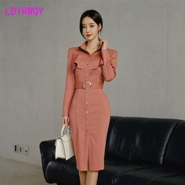 spring mid-length was thin waist bag hip dress belt Knee-Length Office Lady Polyester Button 210416