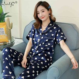 Floral Silk Pajamas Set Women Satin Sleepwear Short Sleeves Long Pants Sleep Suit Ladies Silk Pyjamas Home Clothing Nightwear 210330