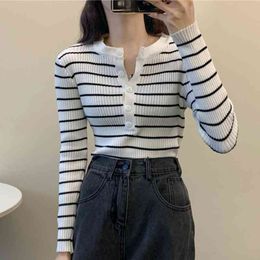 Spring Fall Simple Striped Knit Tops Women Autuman Long Sleeve Knitted Sweater All Match Soft Woman Cardigans 210514