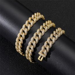 12mm 18-24inch Gold Silver Colours Bling CZ Iced Out Bubble Cuban Chain Necklace 7/8inch Bracelet Fashion Jewellery Nice Gift for Men Women