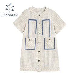 Irregular Pocket Design Women Plaid Dress Summer New Fashion O Neck Short Sleeve Button Female Casual Straight Mini Dresses 210417