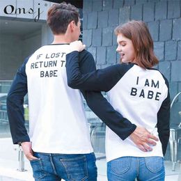 OMSJ Autumn Funny Matching Couple T Shirts His and Hers Long Sleeve Patchwork Letter Printed Pullover Outfits Clothes 210517