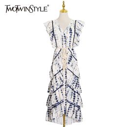 Hit Colour Patchwork Ruffle Dress For Women V Neck Sleeveless High Waist Lace Up Bowknot Print Vintage Dresses 210520