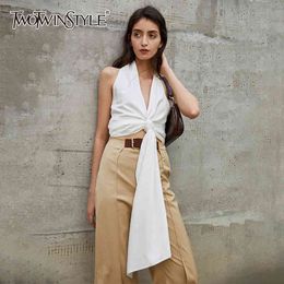 Ruched Sexy Backless Shirt For Women V Neck Sleeveless High Waist Short Tops Female Fashion Clothes Summer 210524