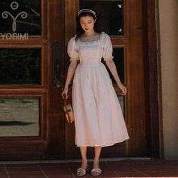 YOSIMI Long Dress Summer Short Sleeve Square Collar Mid-Calf Fit and Flare Cotton Lace White Bandage Women Dresses Vintage 210604