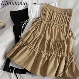 Kimutomo Fashion Drawstring Lace Up Skirt Spring Summer Korean Stitching High Elastic Waist Solid Casual Skirts Fashion 210521