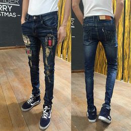 Wholesale 2021 Fashion hip hop Ripped hole patch jeans men's spring summer youth slim stretch feet ankle length pencil pants Y0927
