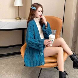 Coarse Twist Striped Knit Cardigan Sweater Women Loose Lazy V-neck Single-breasted Stitching Solid Color Female Spring 210427
