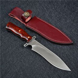 Top Quality Survival Straight Knife D2 Satin Drop Point Blade Full Tang Rosewood Handle Fixed Blades Knives With Leather Sheath