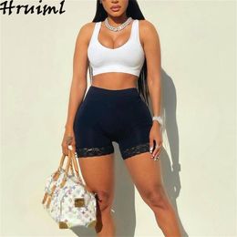 Summer Suit for Women White Tops Short Pants Lace Patchwork Slim Women's Tracksuit Set Fashion Fitness Runway Two Peice Sets 210513