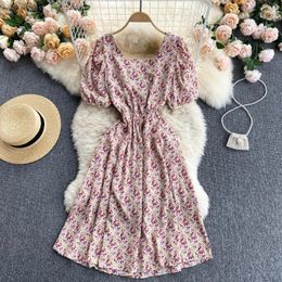 SINGREINY Hollow Backless Floral Dress Women Korean Puff Sleeve Square Collar A-line Sundress Summer Boho Print Holiday Dress 210419