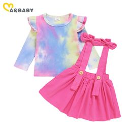 3-24M Tie Dye born Baby Girl Clothes Set Knitted Sweater Top Bow Tutu Skirts Overalls Toddler Autumn Outfits 210515