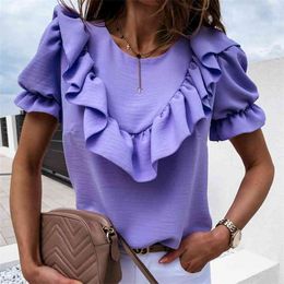 Foridol Casual crew neck ruffle women blouse shirt Bubble sleeves short female tops blouse High street style ladies blouse 210415