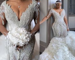 2021 Plus Size Arabic Aso Ebi Luxurious Mermaid Sexy Wedding Dress Beaded Crystals Pearls Backless Long Sleeves Detachable Train Bridal Gowns Dresses ZJ335